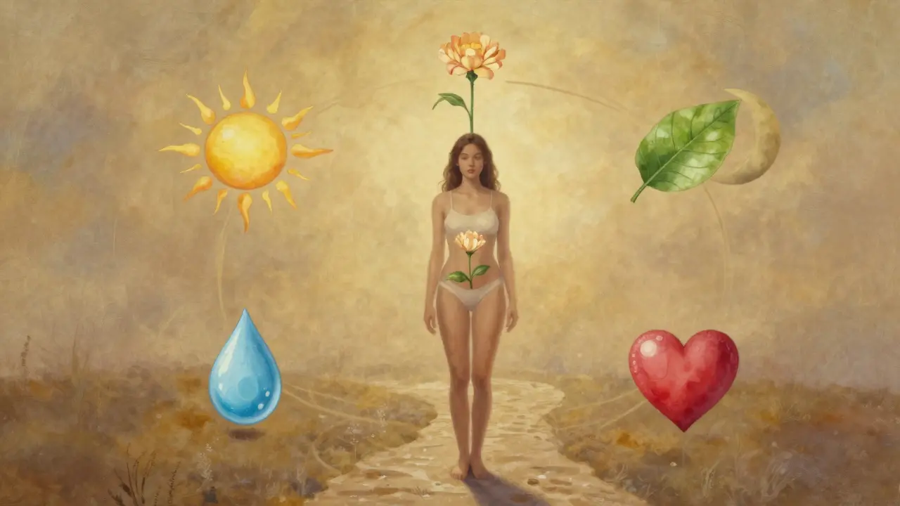 Žena na kruhové cestě symbolizující životní styl, z níž vyrůstá květ jako znamení ovulace.