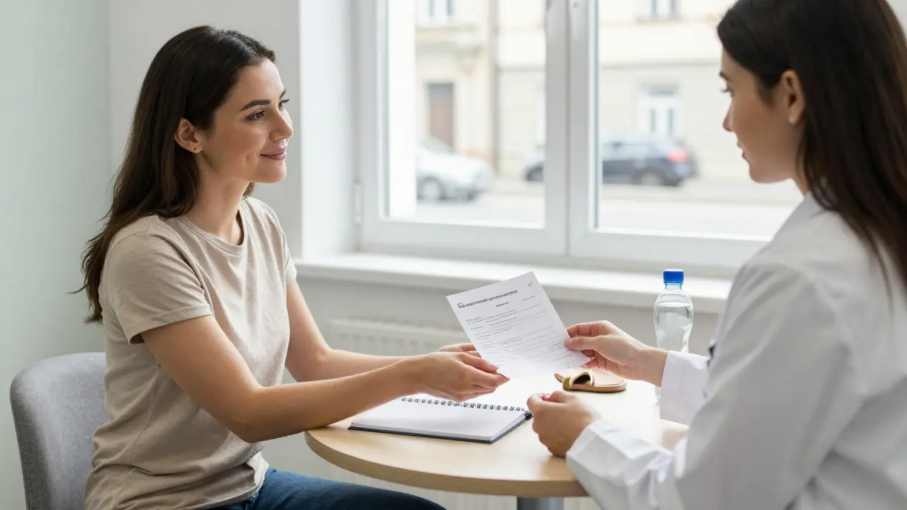 Žena předává lékařce seznam léků a otázek v klidné soukromé ordinaci v Praze.