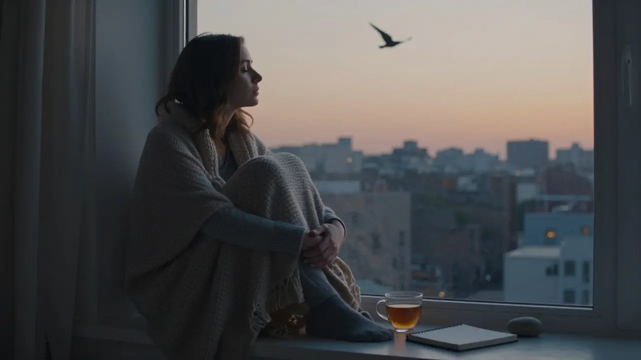 Žena sedí u okna ve šeru, zavřené oči, ruce na klíně, jen čaj a kámen — klidná chvíle bez tlaku.