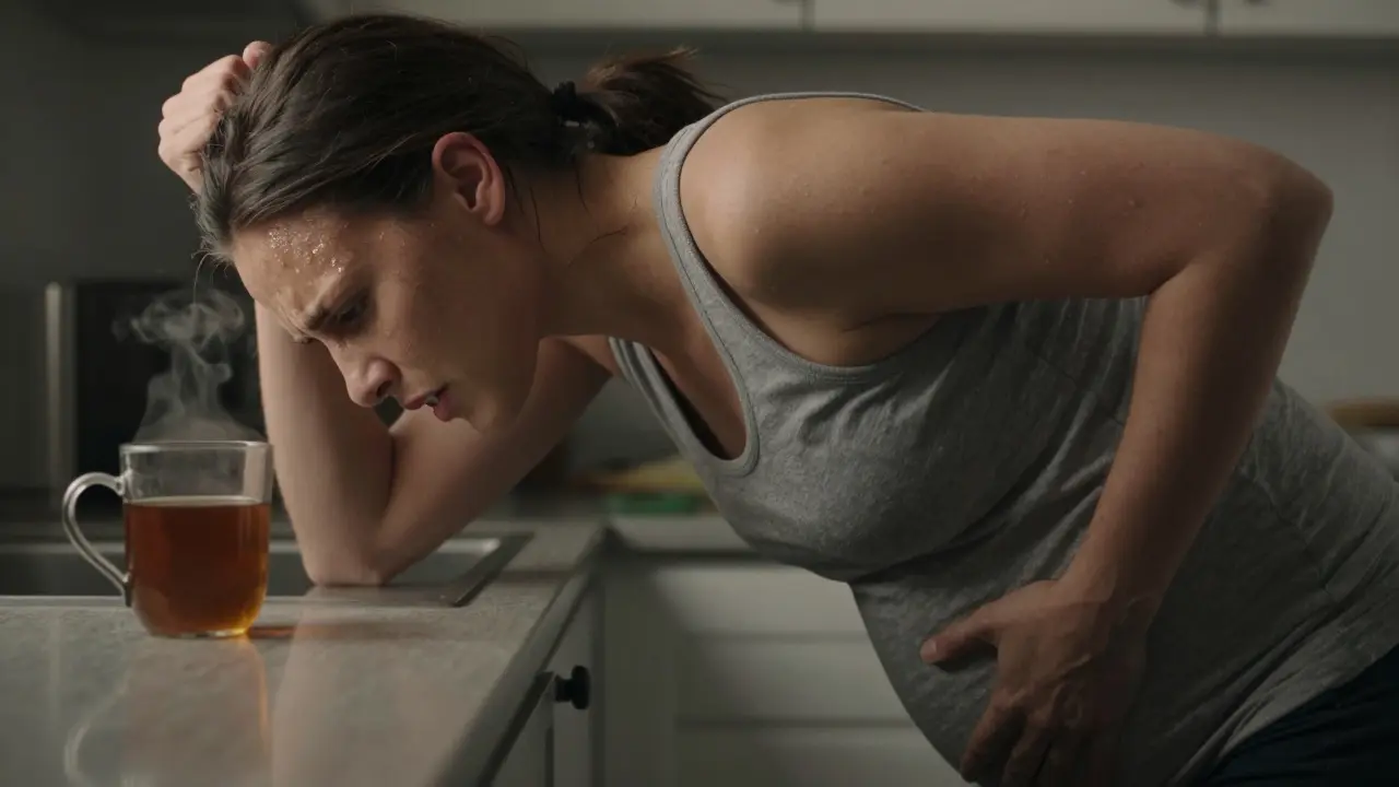 Žena v laboru opřená o kuchyňský stolek, pot na čele, výraz napětí a odhodlání.