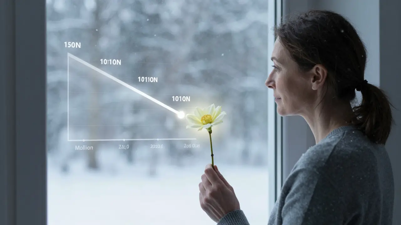 Žena v počátečních 50 letech hledí ven z okna na jediný kvetoucí květ v zimě, symbolizující vzácnou plodnost po menopauze.