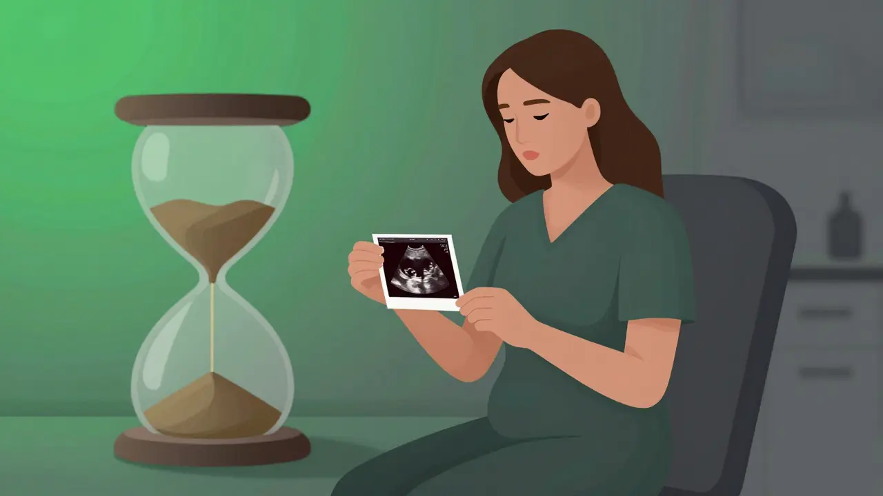 Žena v pozdních 30 letech sleduje ultrazvukový obraz s nízkým počtem folikulů v tiché klinice.