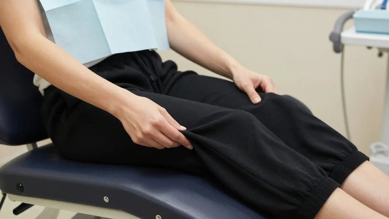 Žena zvedá široké kalhoty na vyšetřovacím křesle s papírovým plátnem.