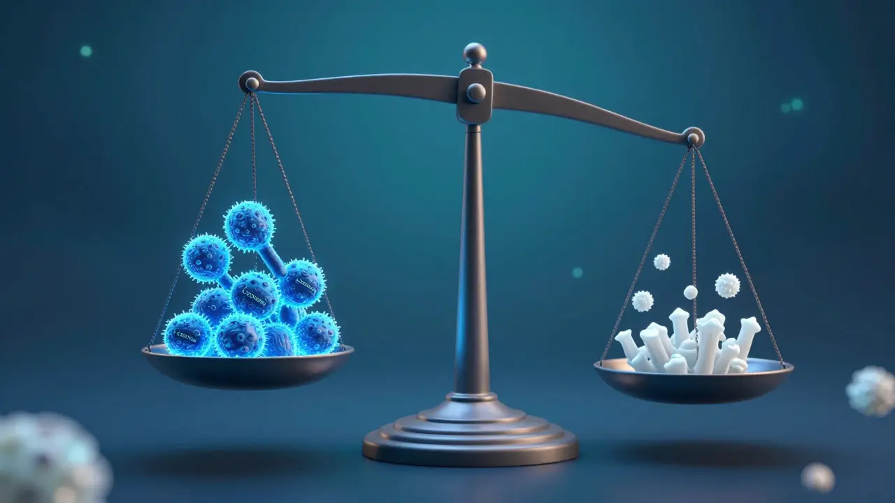 3D vizualizace rovnováhy mezi zdravými laktobacily a kvasinkami v těle.