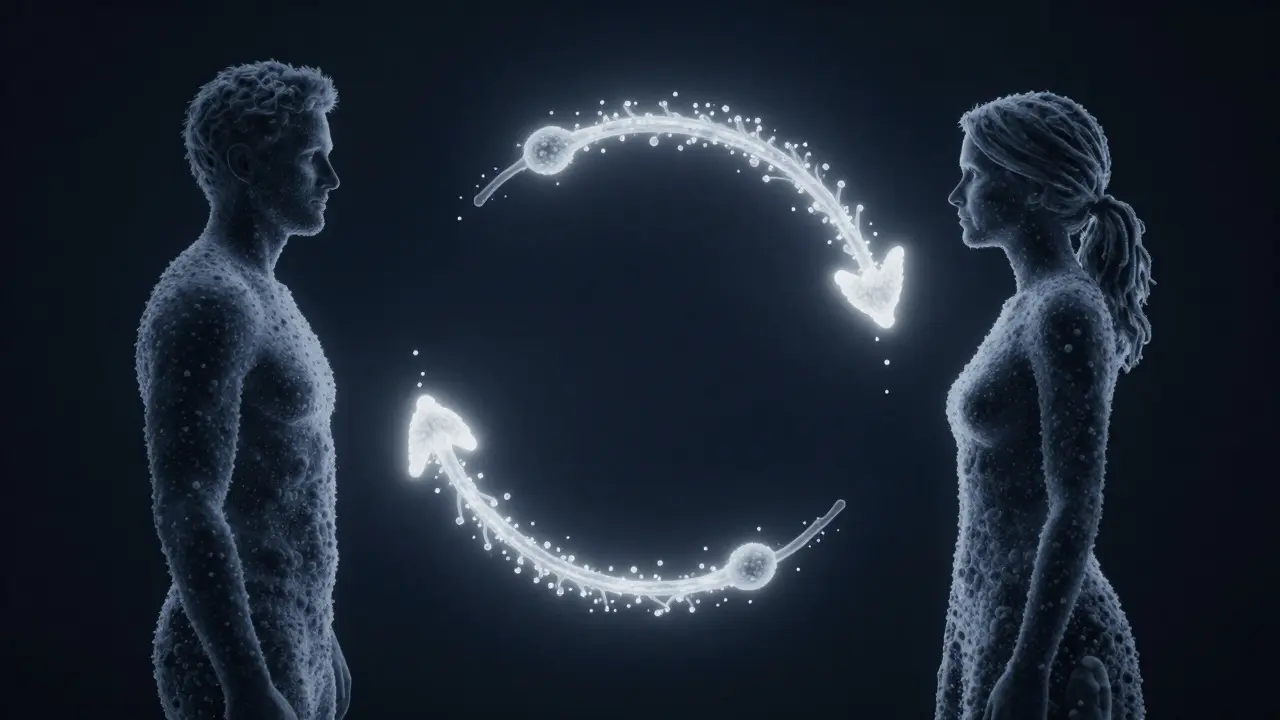 Abstraktní znázornění přenosu kvasinek mezi partnerem a partnerkou v kruhovém pohybu.