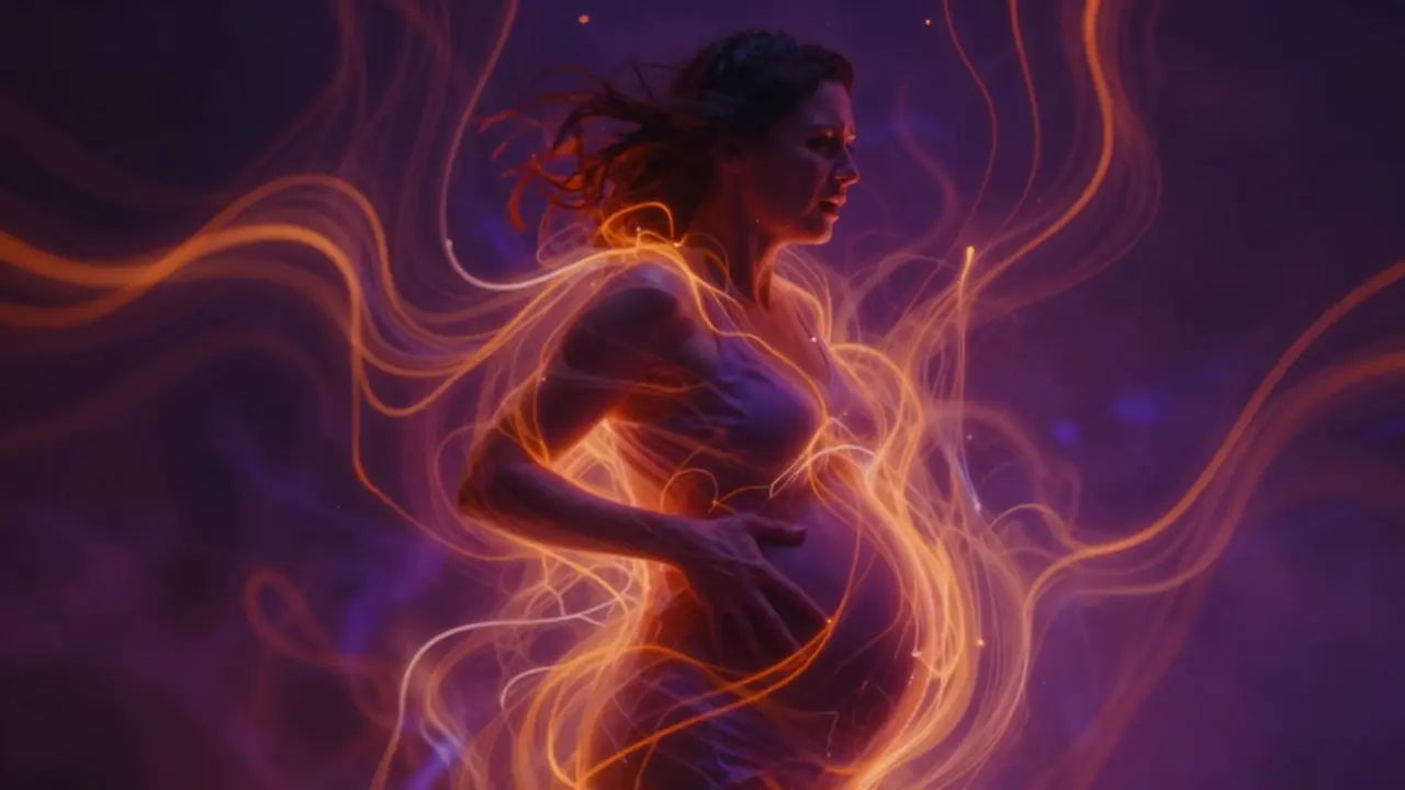 Abstraktní zobrazení intenzity a emocí během přechodové fáze porodu.