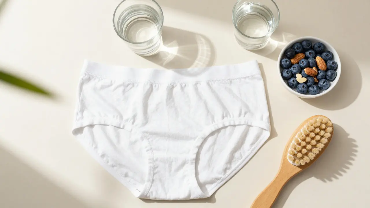 Bavlněné prádlo a zdravá strava jako součást prevence kvasinkové infekce.