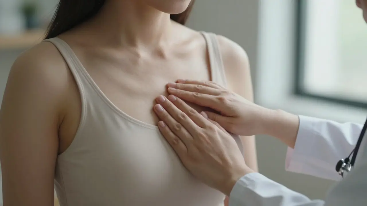 Detail palpačního vyšetření prsů během preventivní lékařské kontroly.