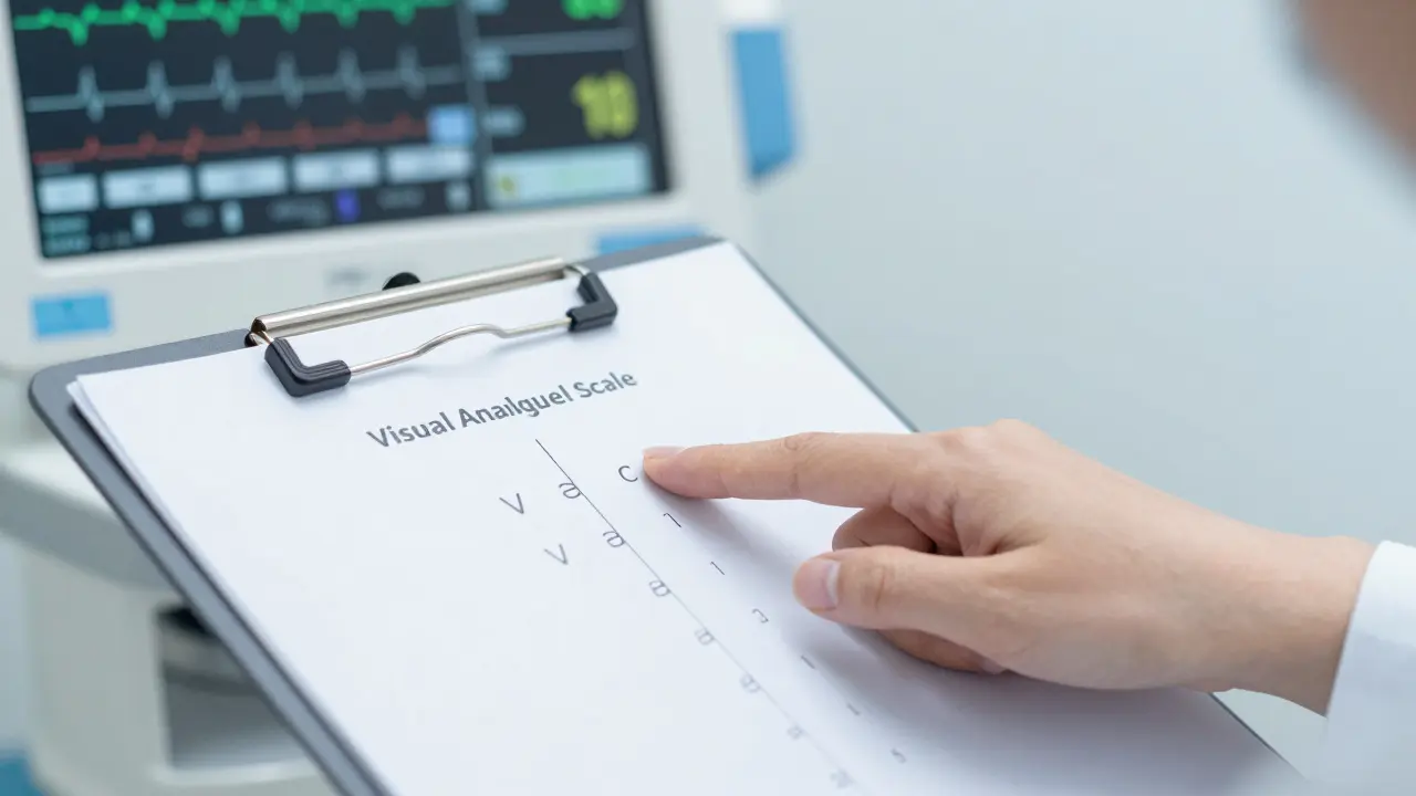 Detail ruky ženy ukazující úroveň bolesti na vizuální analogové škále v porodnici.