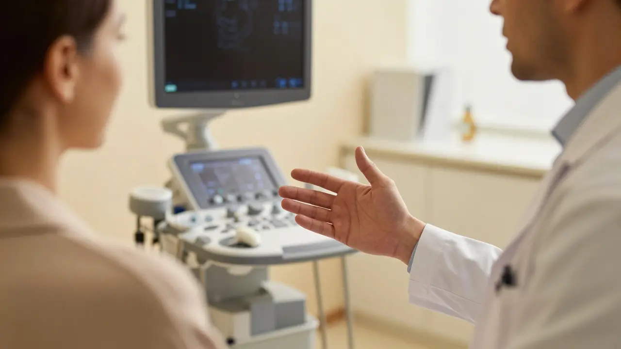 Doktor komunikující s pacientkou v moderní a uklidňující gynekologické ordinaci.