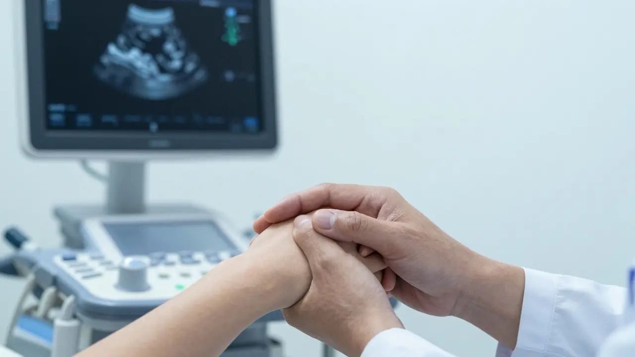 Doktor s pacientkou v ordinaci při diskusi o výsledcích screeningu.