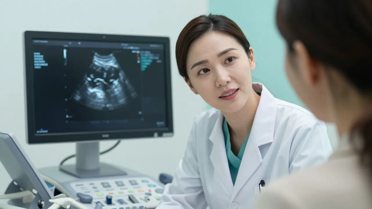 Empatická lékařka konzultující výsledky ultrazvuku s pacientkou.