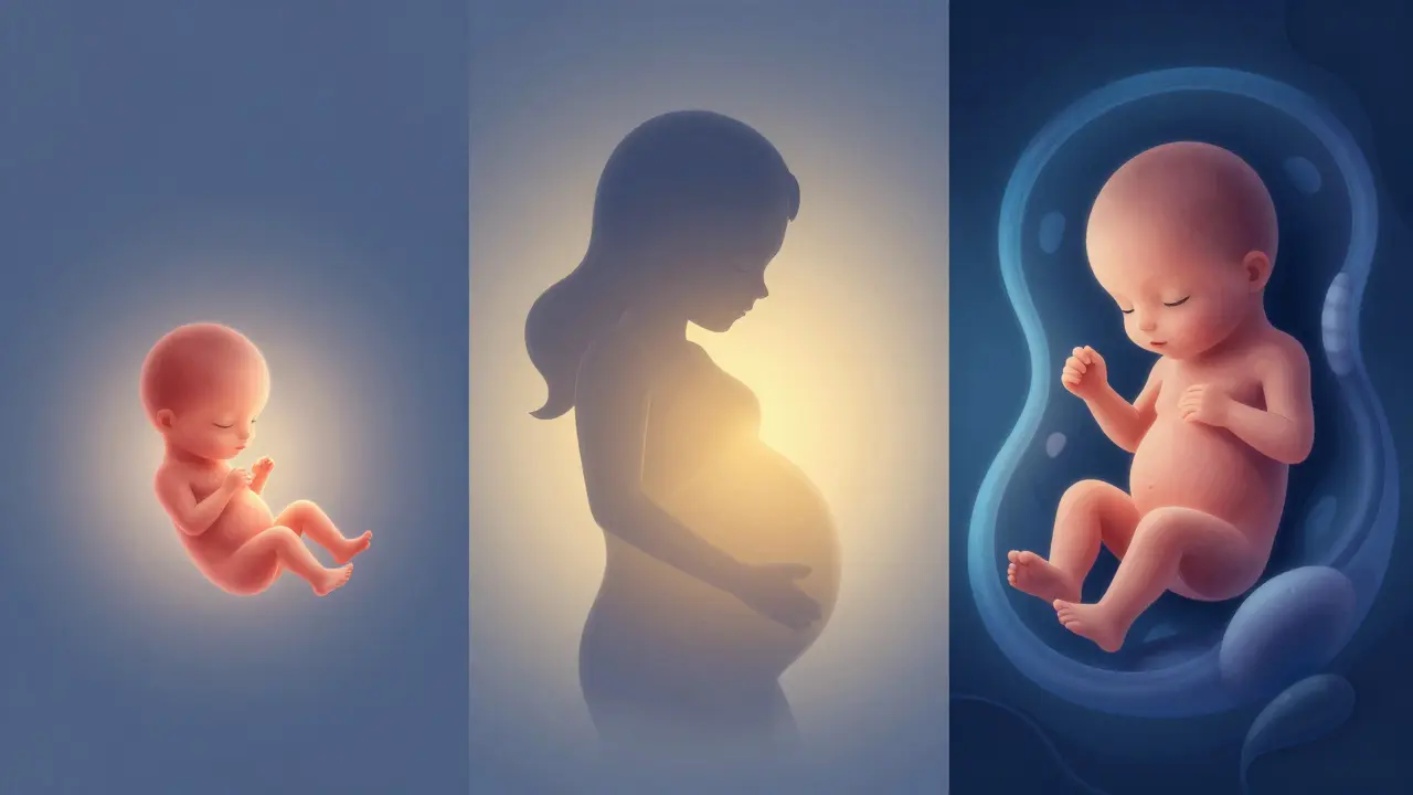 Ilustrace tří trimestrů těhotenství od embrya po dozrání plodu.