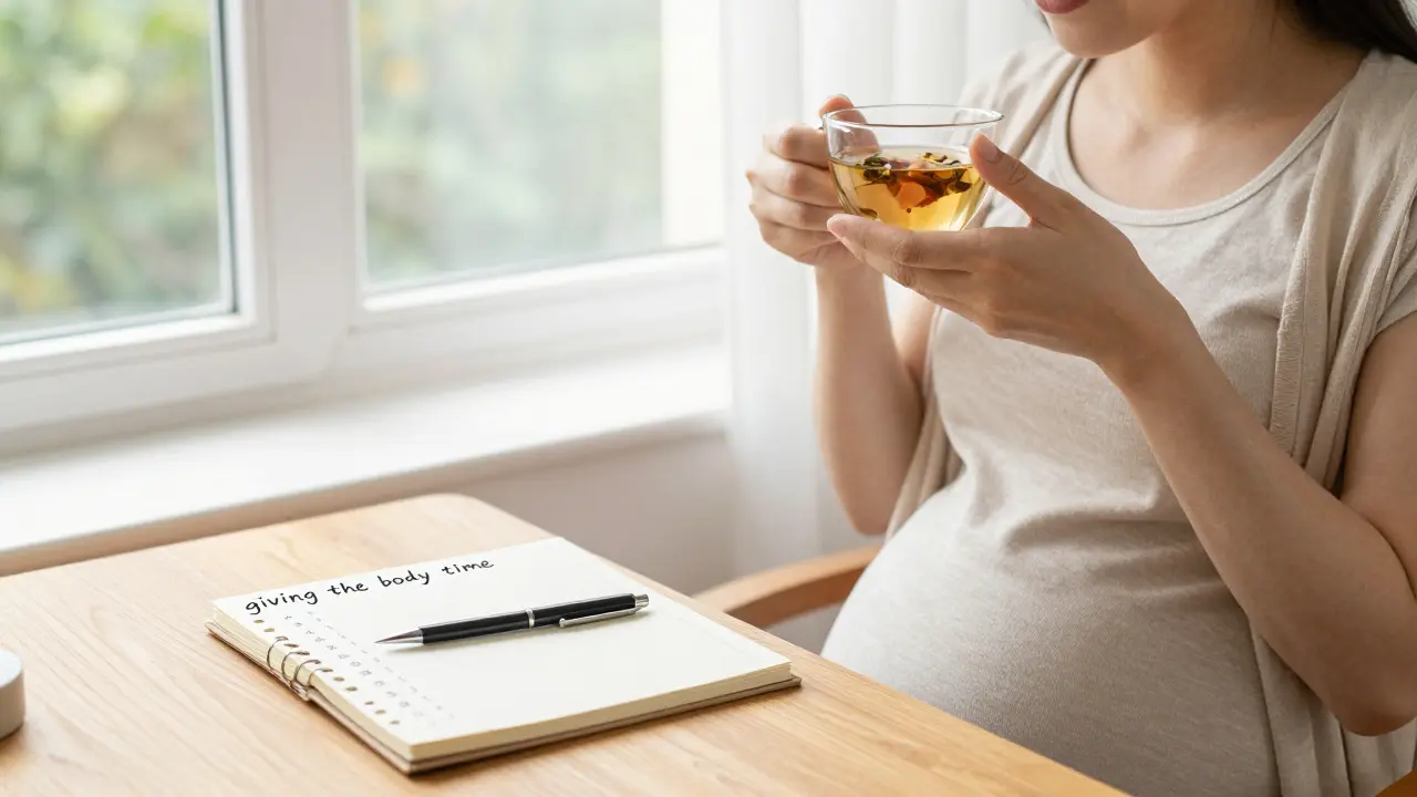 Klidná těhotná žena pijící čaj u okna v očekávání porodu.