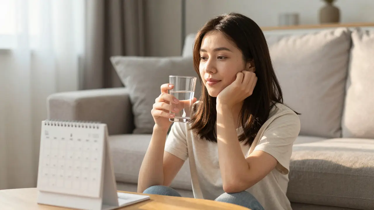 Klidná žena doma, která spravuje svůj kalendář zdraví.