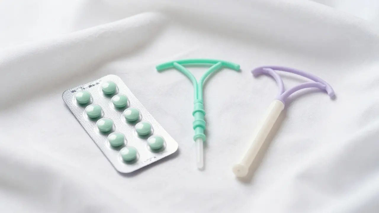 Kolaž různých metod antikoncepce, včetně pilulek a spirálky.
