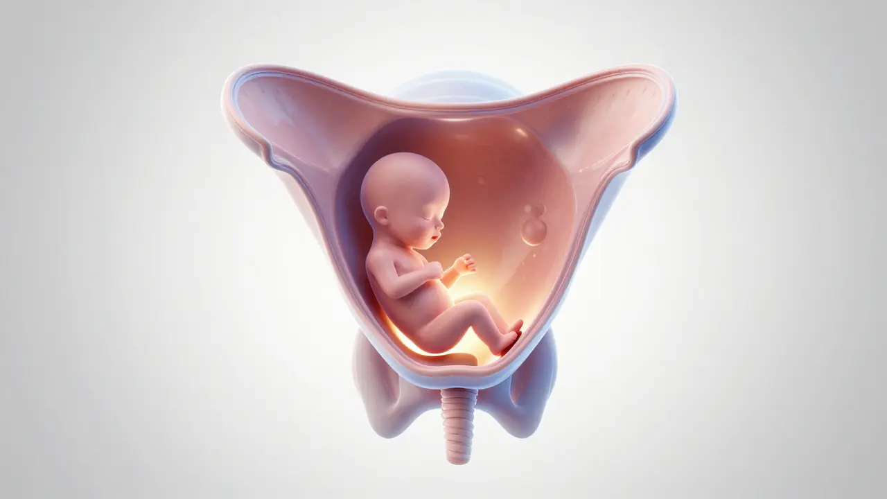 Konceptuální ilustrace hlavičky plodu zapadající do pánve.