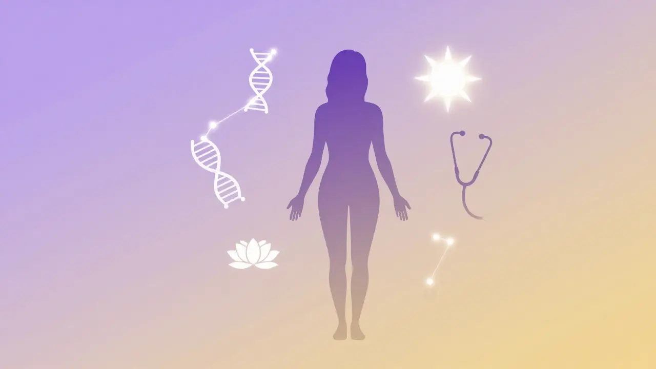 Konceptuální ilustrace holistického přístupu k ženskému zdraví.