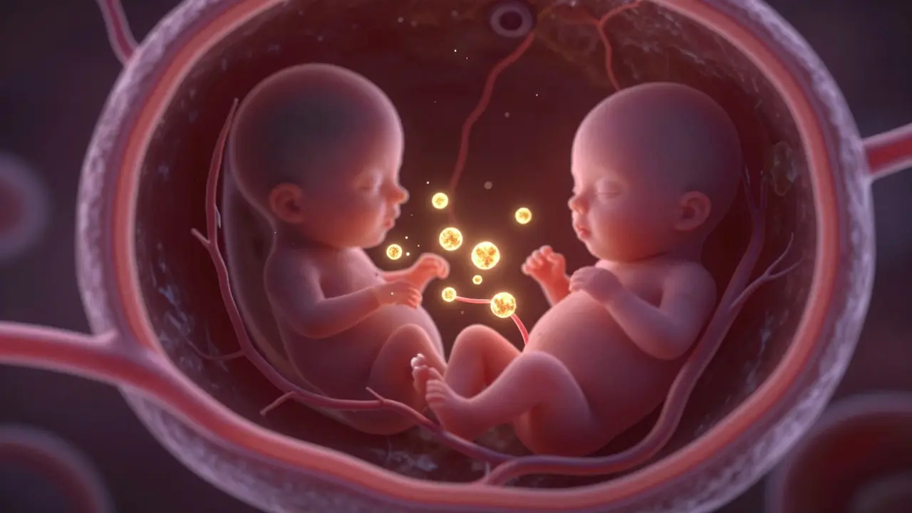 Konceptuální znázornění placenty a transportu živin k plodu.