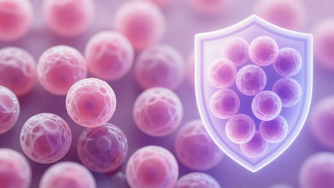 Konceptuální zobrazení zdravých buněk chráněných ochranným štítem.