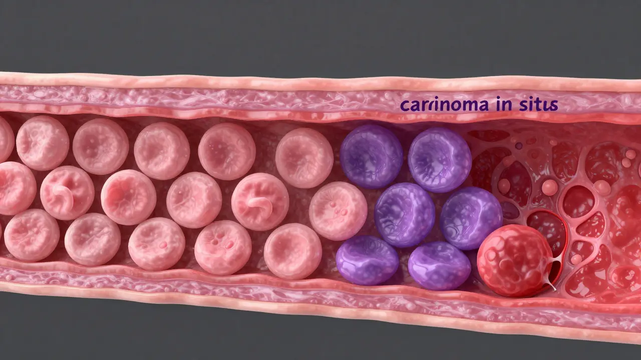 Kresba znázornující přechod od zdravých buněk k invazivnímu nádoru v tkáni čípku.