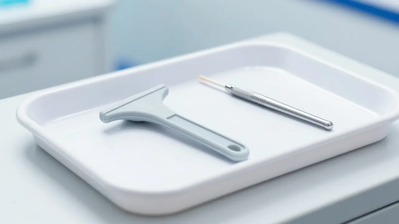 Lékařské nástroje pro gynekologické vyšetření, včetně specula a štětečku.