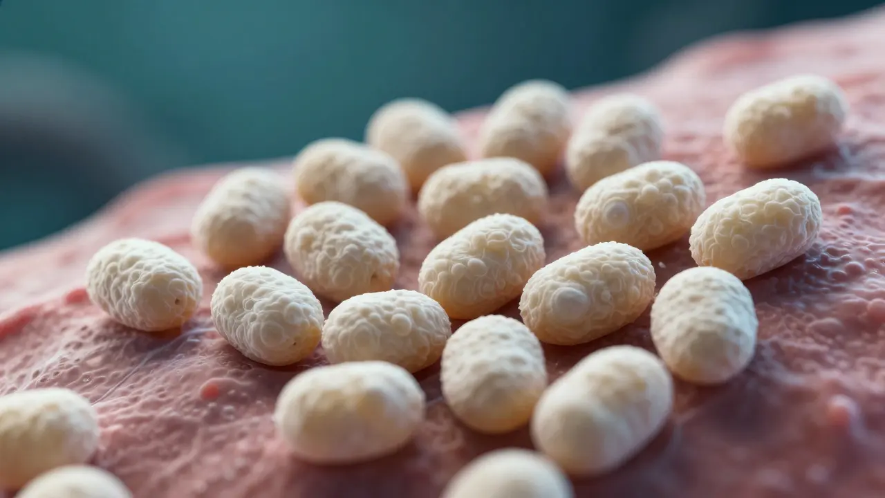 Mikroskopický pohled na kvasinky Candida albicans na sliznici.