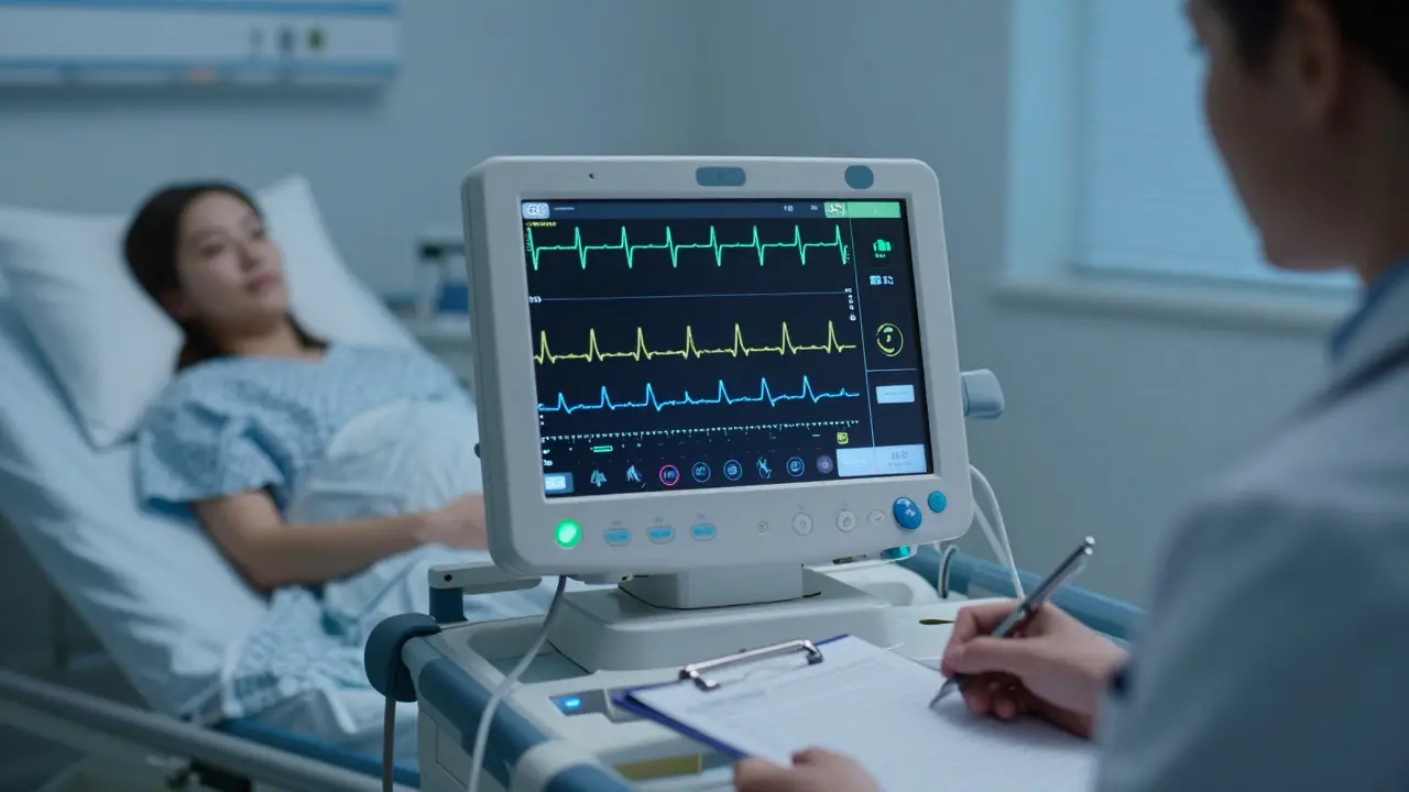 Monitor CTG zobrazující srdeční tep plodu a kontrakce v nemocničním prostředí.