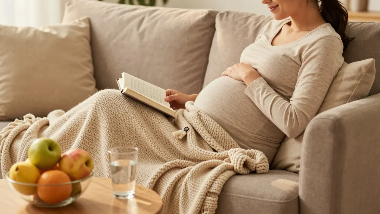 Odpočívající těhotná žena na pohovce s ovocem a knihou v domácím prostředí.