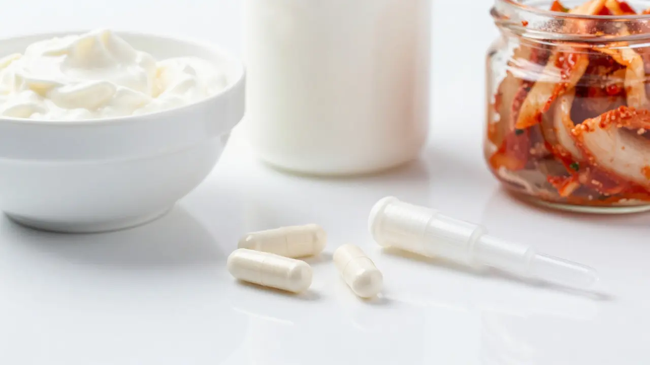 Probiotické kapsle, čípky a fermentované potraviny jako kefir a kimchi.