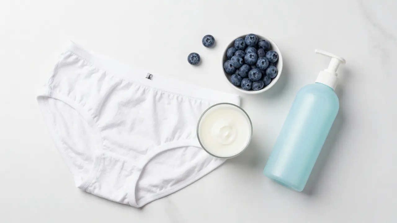 Sada pro prevenci mykózy: bavlné prádlo, kefir a jemný gél.