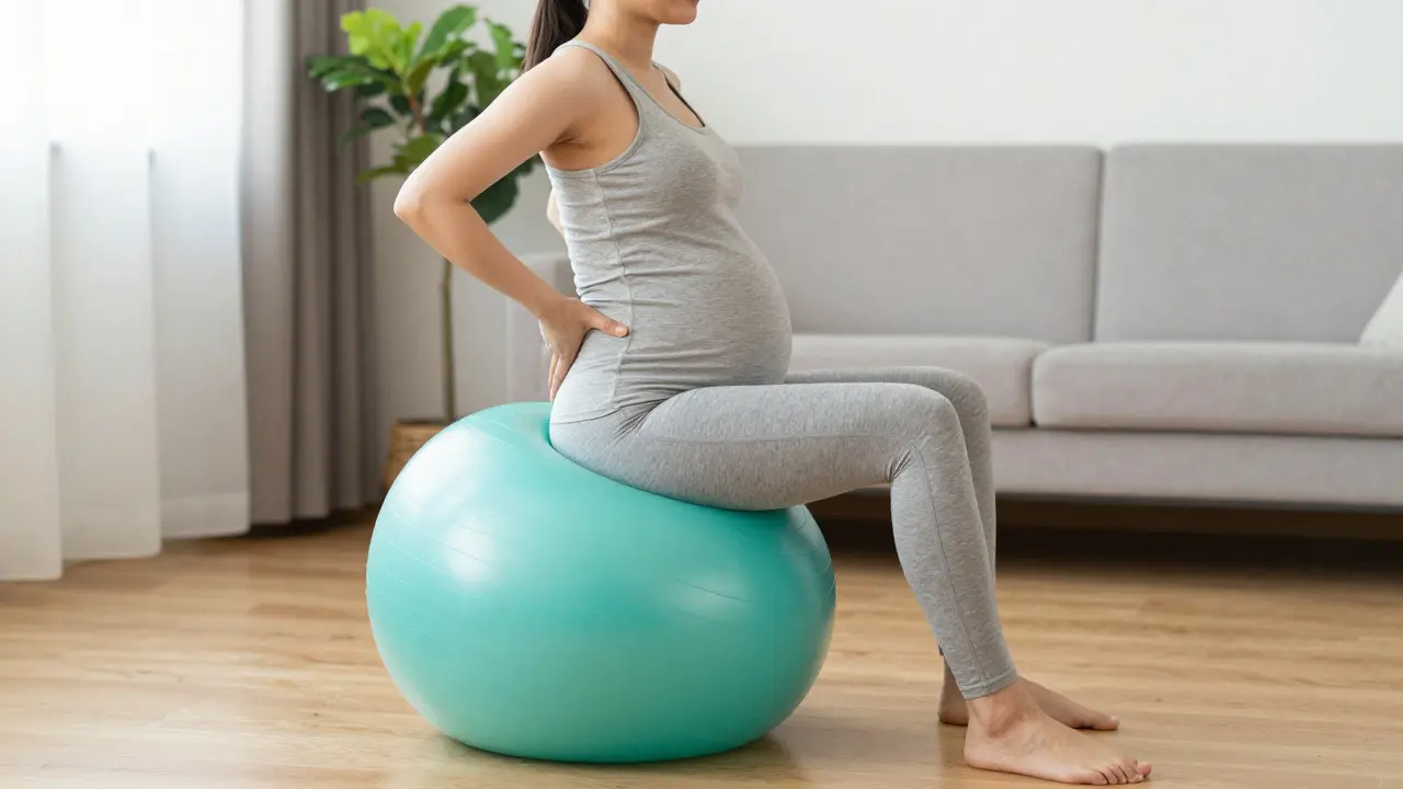 Těhotná žena cvičí na kolíhacím míčku pro pomoc při sestupu plodu.