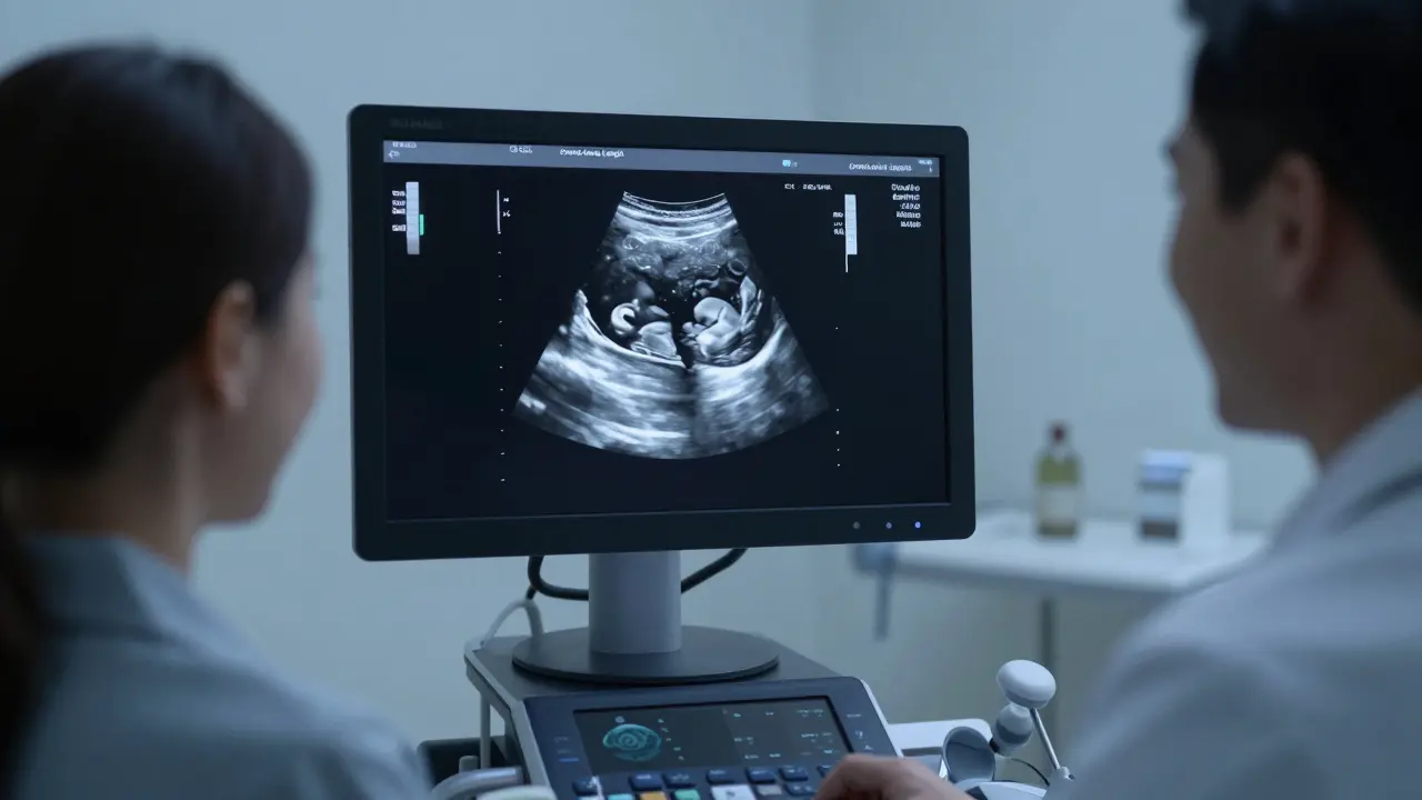 Ultrazvukové měření délky embrya v prvním trimestru těhotenství.