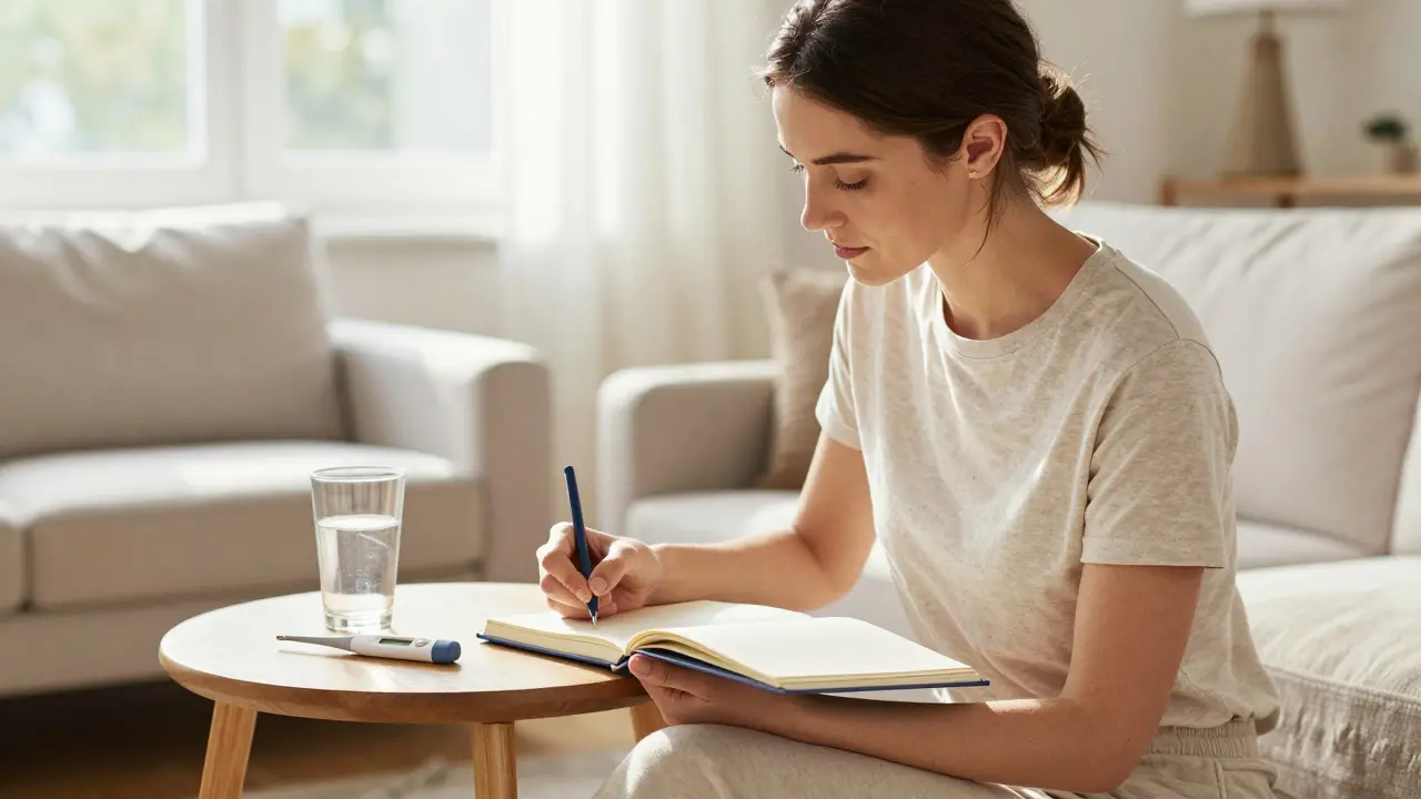 Žena si zapisuje poznámky do deníku o zdraví v přirozeném světle.