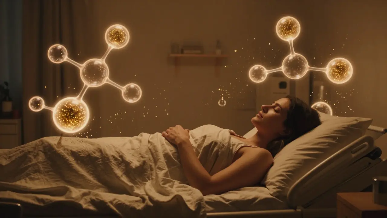 Žena v uklidňujícím prostředí porodnice obklopená symbolickými zlatými částicemi endorfinů.