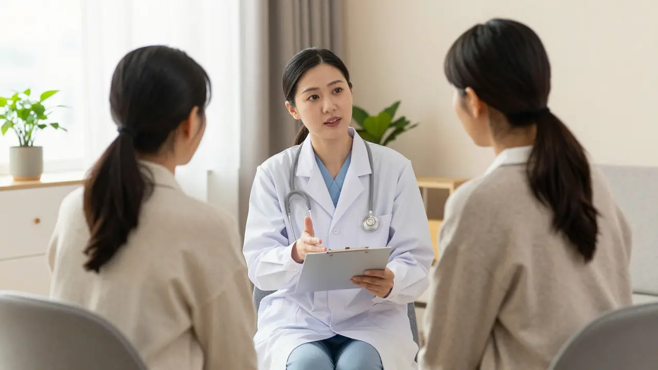 Ženistý lékař s pacientkou během konzultace výsledků preventivního vyšetření.