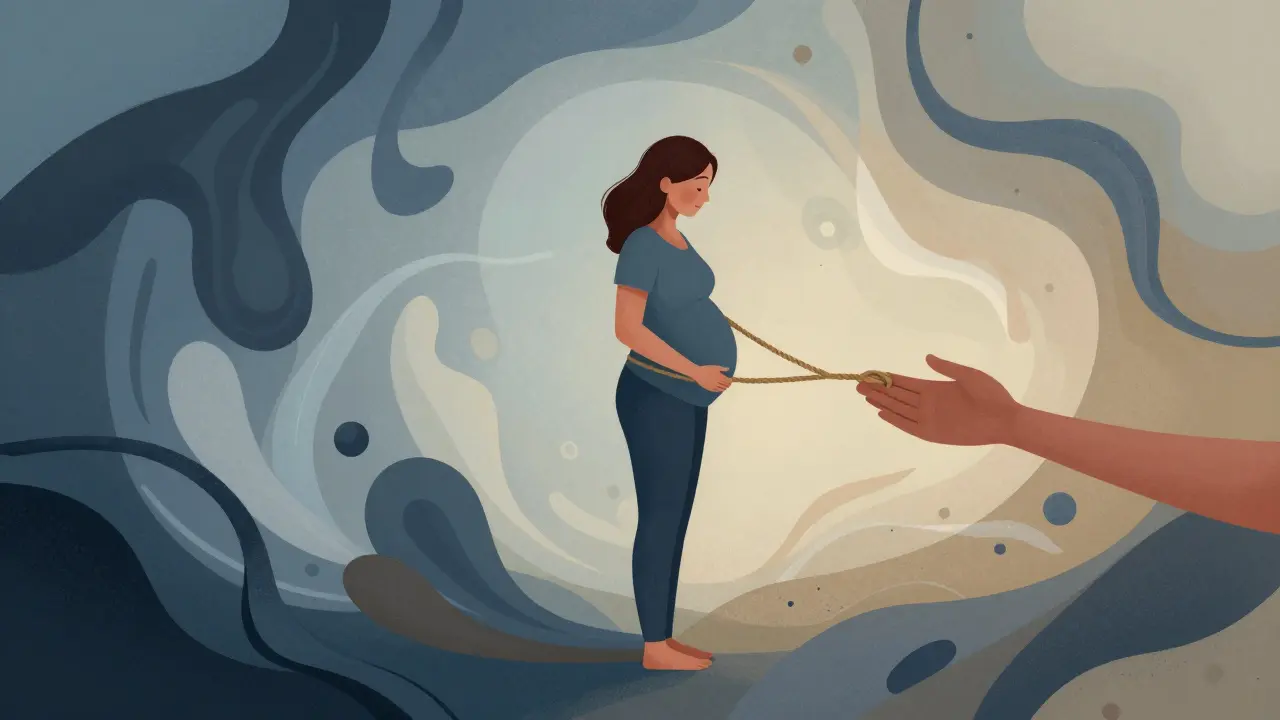 Abstraktní ilustrace emocí a hormonálních změn po porodu