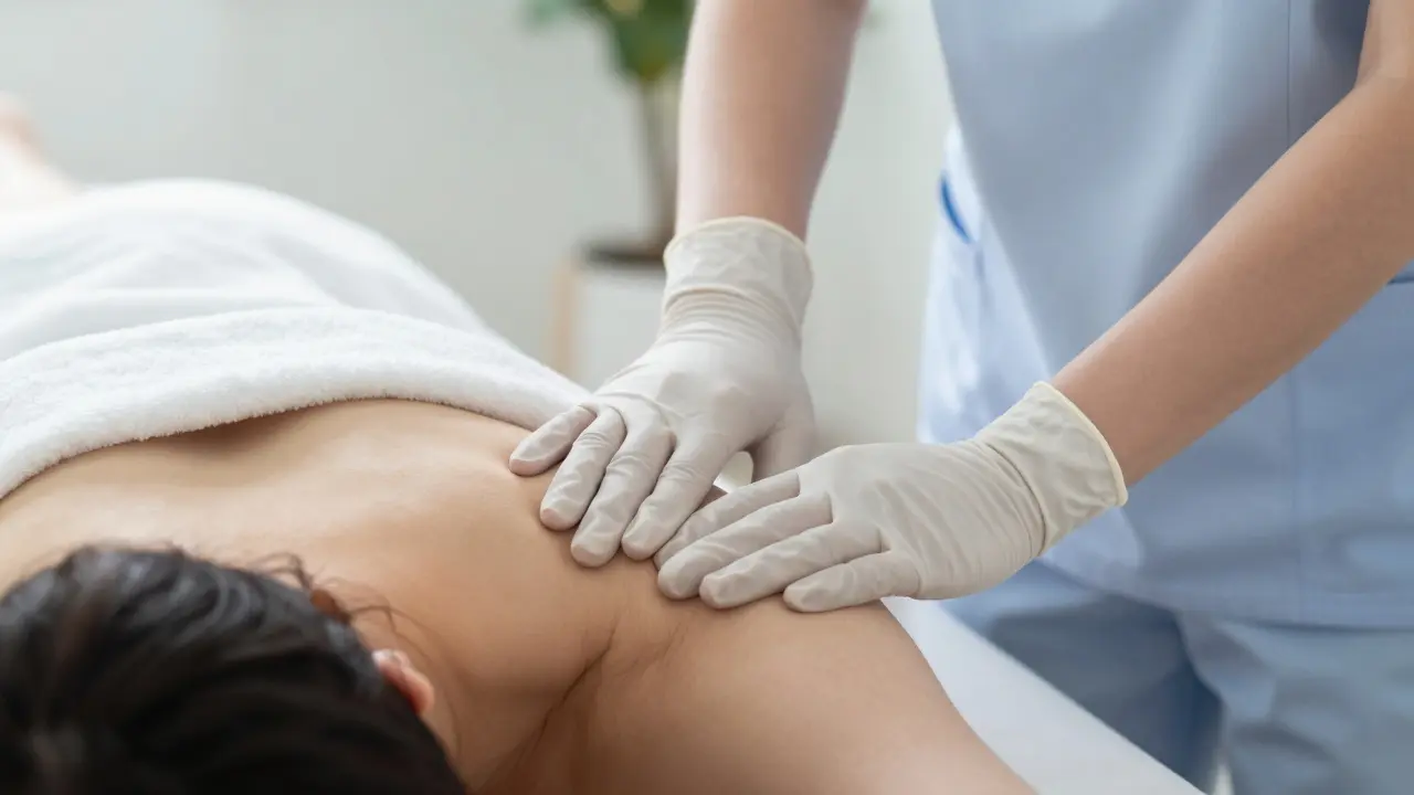 Fyzioterapeut jemně vyšetřuje pacientku na lůžku