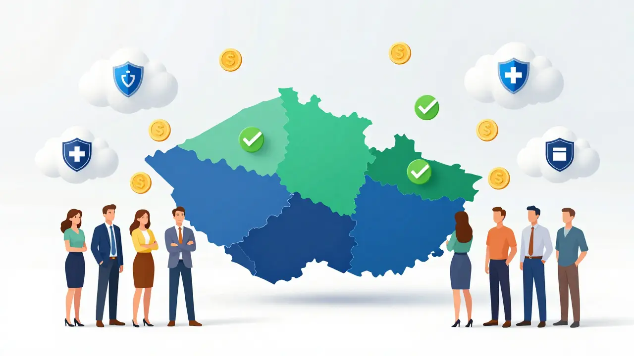 Konceptuální ilustrace ukazující příspěvky pojišťoven a regionální dotace v České republice.