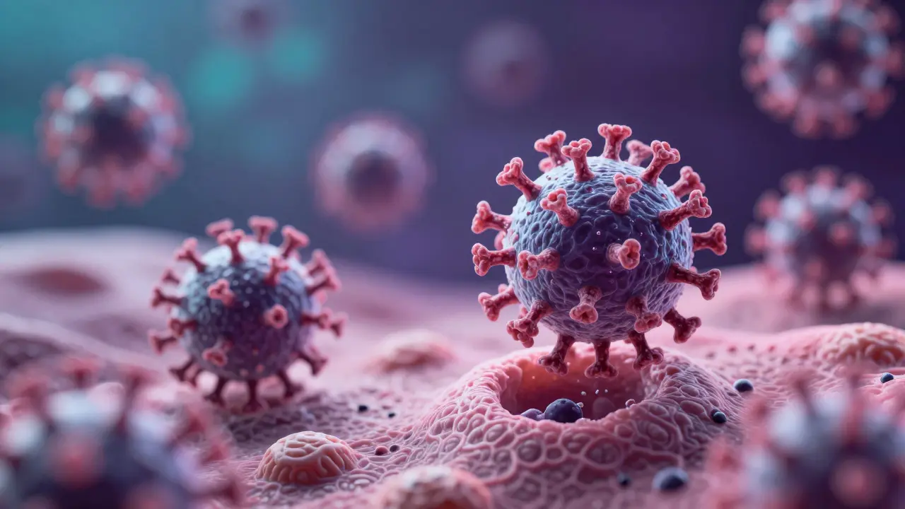 Mikroskopický pohled na částice viru HPV u cervikálních buněk