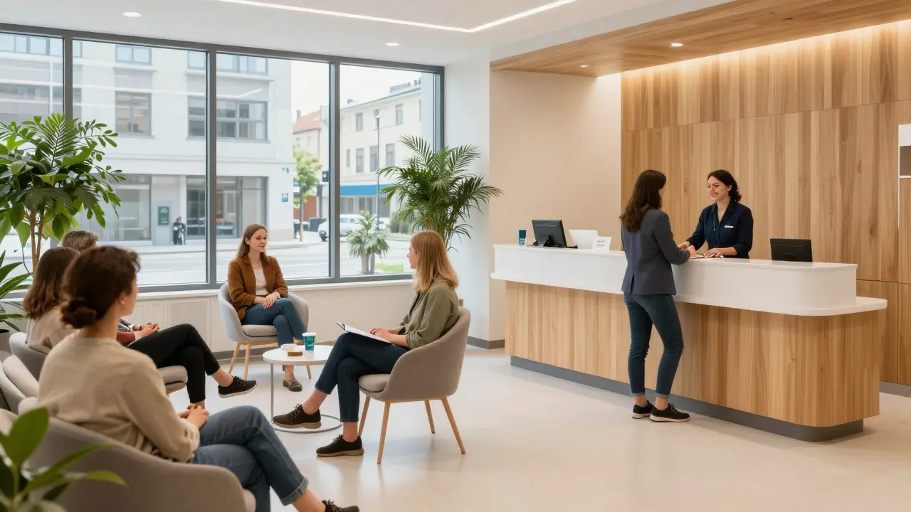 Moderní recepce soukromé kliniky v Brně s pacientkami.