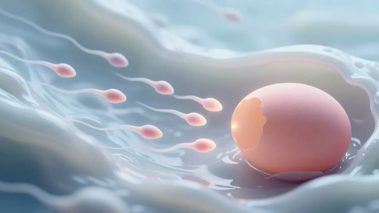 Umělecká ilustrace pohybu spermií ve slizu děložního hrdla.