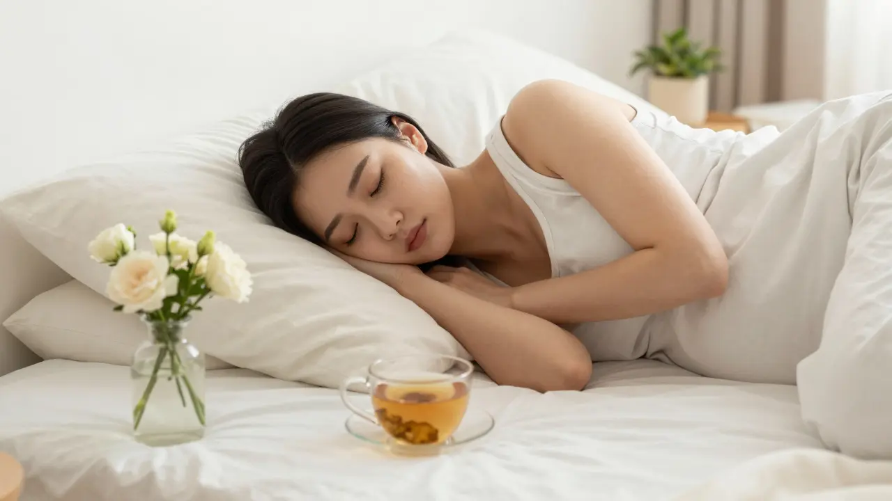 Žena relaxuje v posteli v klidném prostředí pro snížení stresu při snažení