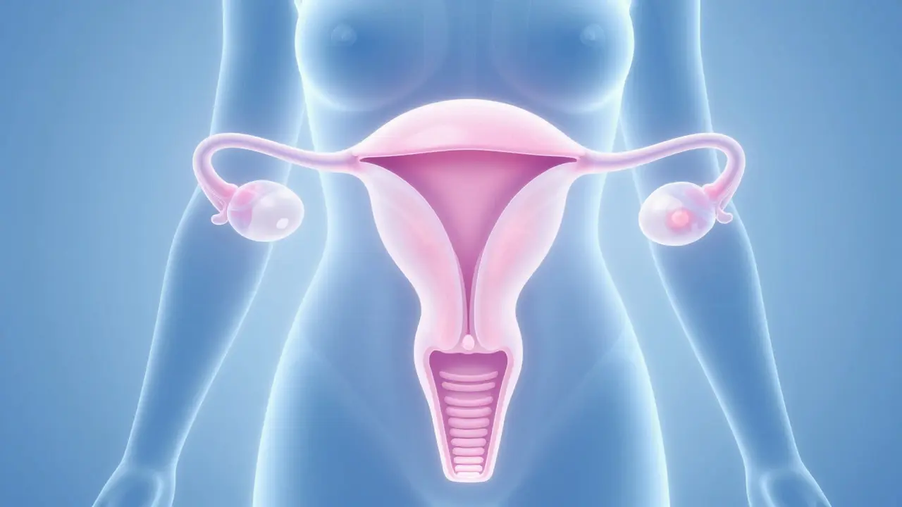 Abstraktní ilustrace ženského těla s důrazem na hormonální rovnováhu a plodnost
