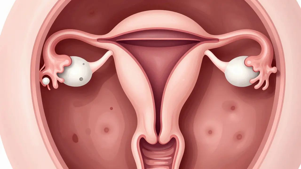 Anatomická ilustrace ženských pohlavních orgánů s cystou