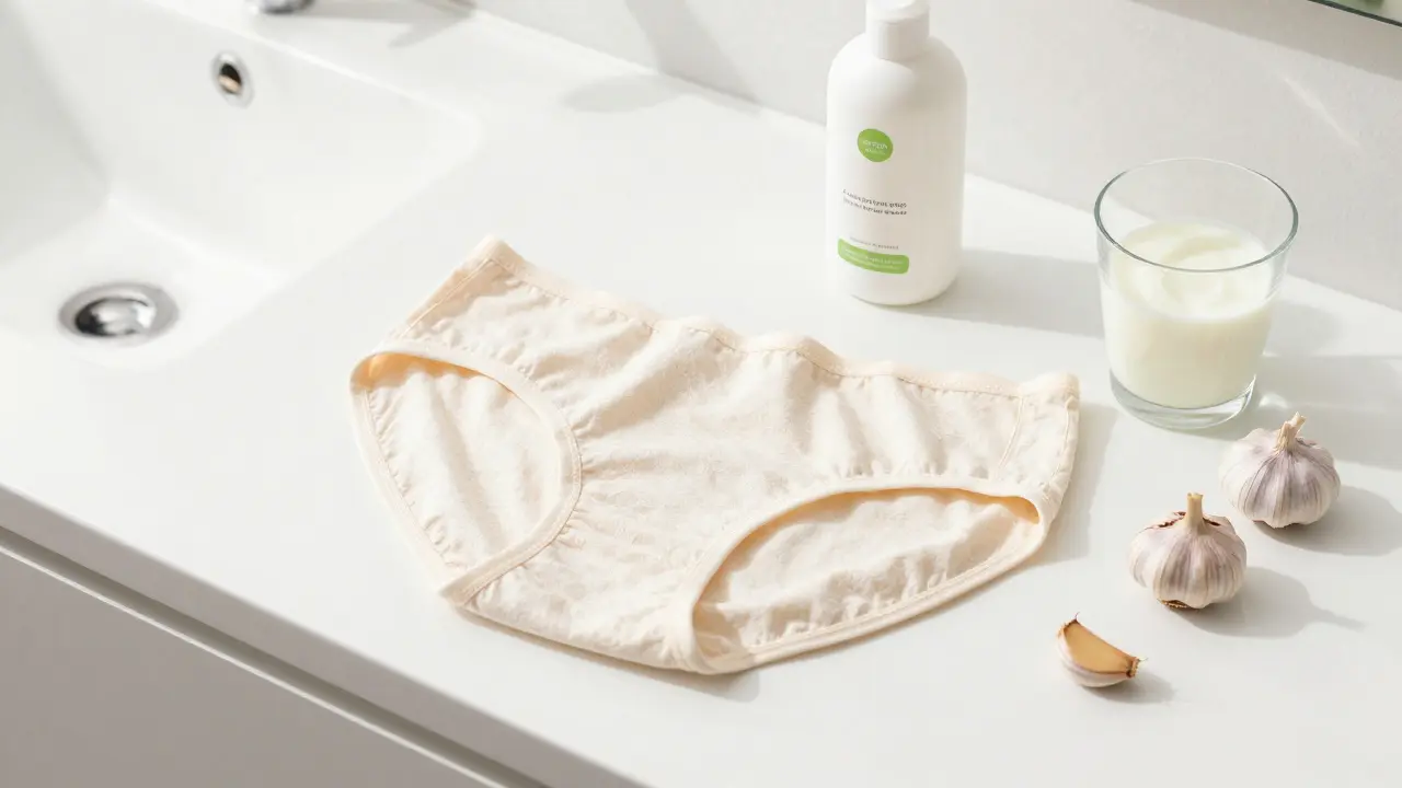Bavlněné prádlo, intimní hygiena a jogurt na čistém pultu