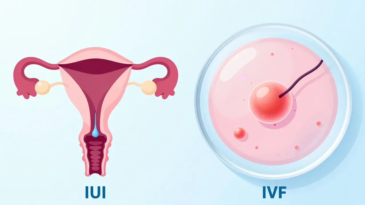 Ilustrace porovnávající metody umělého oplodnění IUI a IVF bez textu.