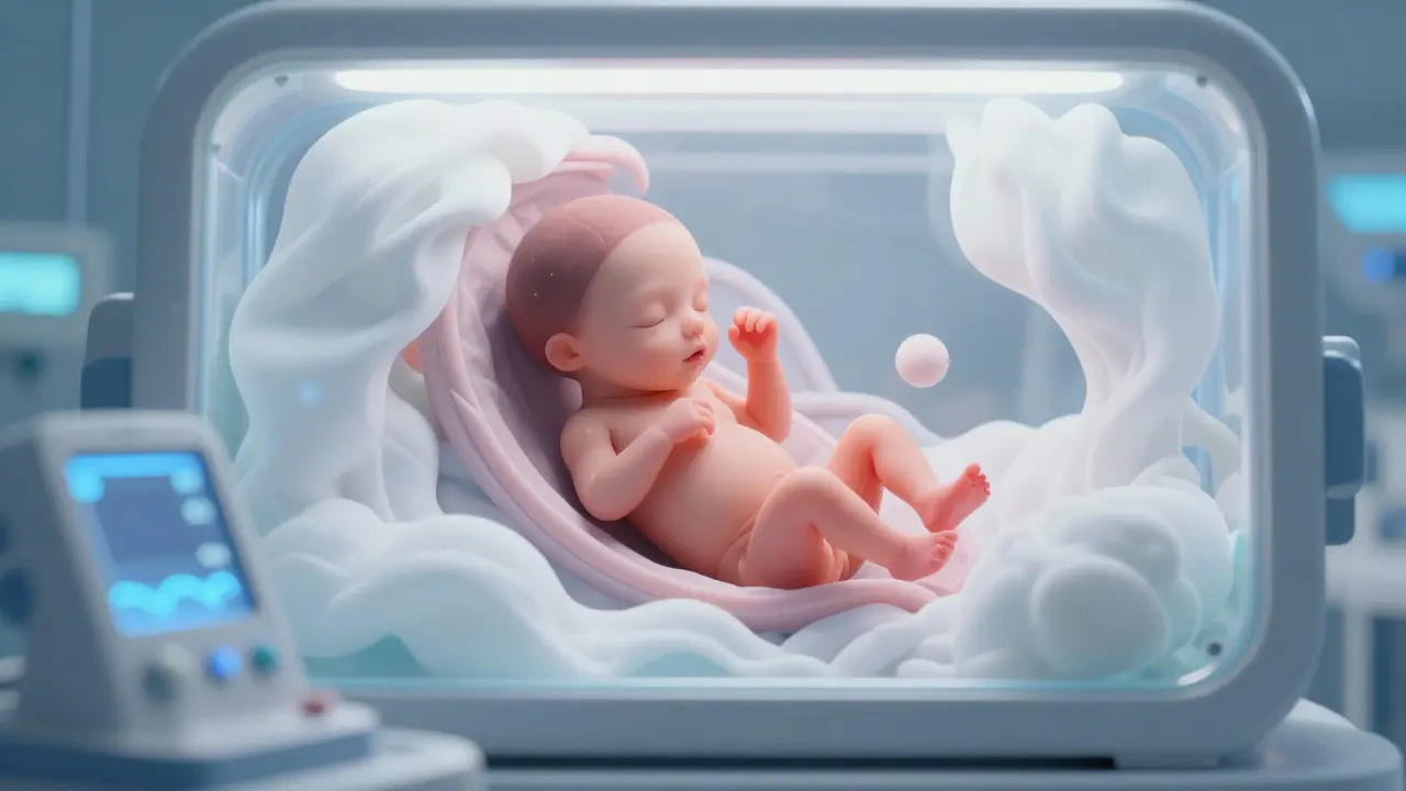 Konceptuální ilustrace plodu v děloze s vizualizací hranice předčasného porodu