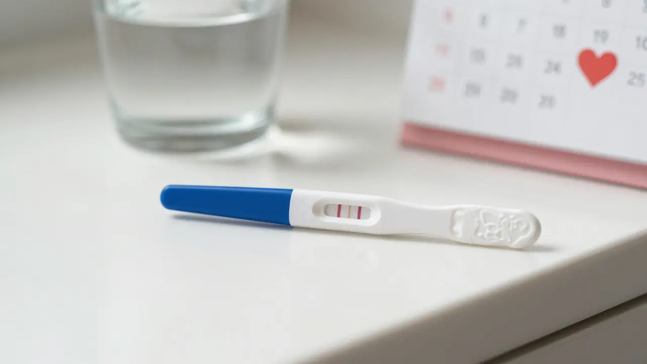 Pozitivní ovulační test na koupelnovém pultu s kalendářem