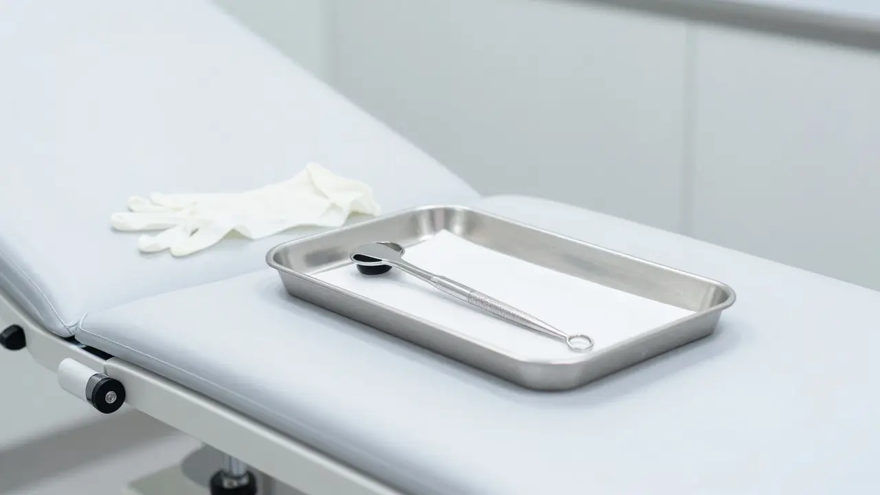 Sterilní gynekologická vyšetřovací místnost s lékařským vybavením
